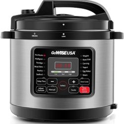 GoWISE USA 12-in-1 Multi-Use Electric Pressure Cooker with Stainless Steel Pot Measuring Cup, Spoon, and Stainless-Steel Steam Rack and Basket, 8-Qt
•