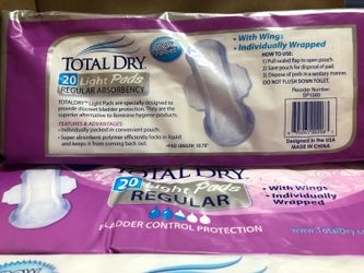 Total Dry Light Feminine Pads Bladder control Protection, $15 for 3 packs, 9 packs available

Each pack contains individually wrapped 20 pads

TotalDr