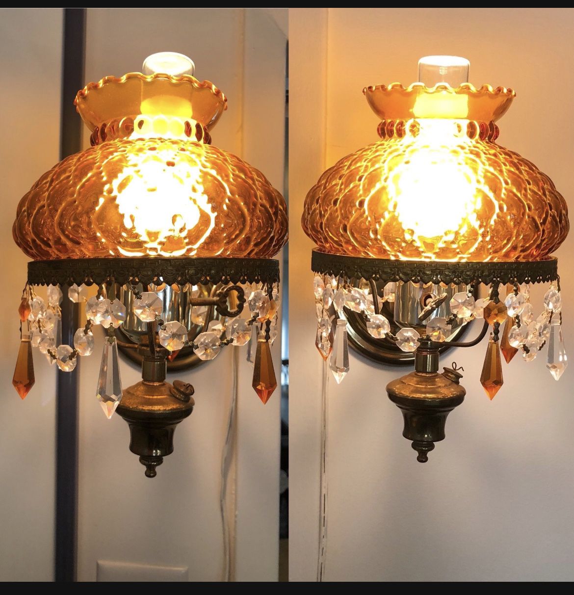 Vintage Pair Wall Lamp Brass with Amber Hobnail Shade. 