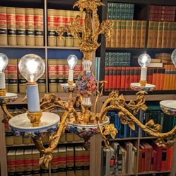 Vintage Spanish Gilt Metal & Porcelain Rococo Revival Chandelier 26" Wide 5-Light Fixture