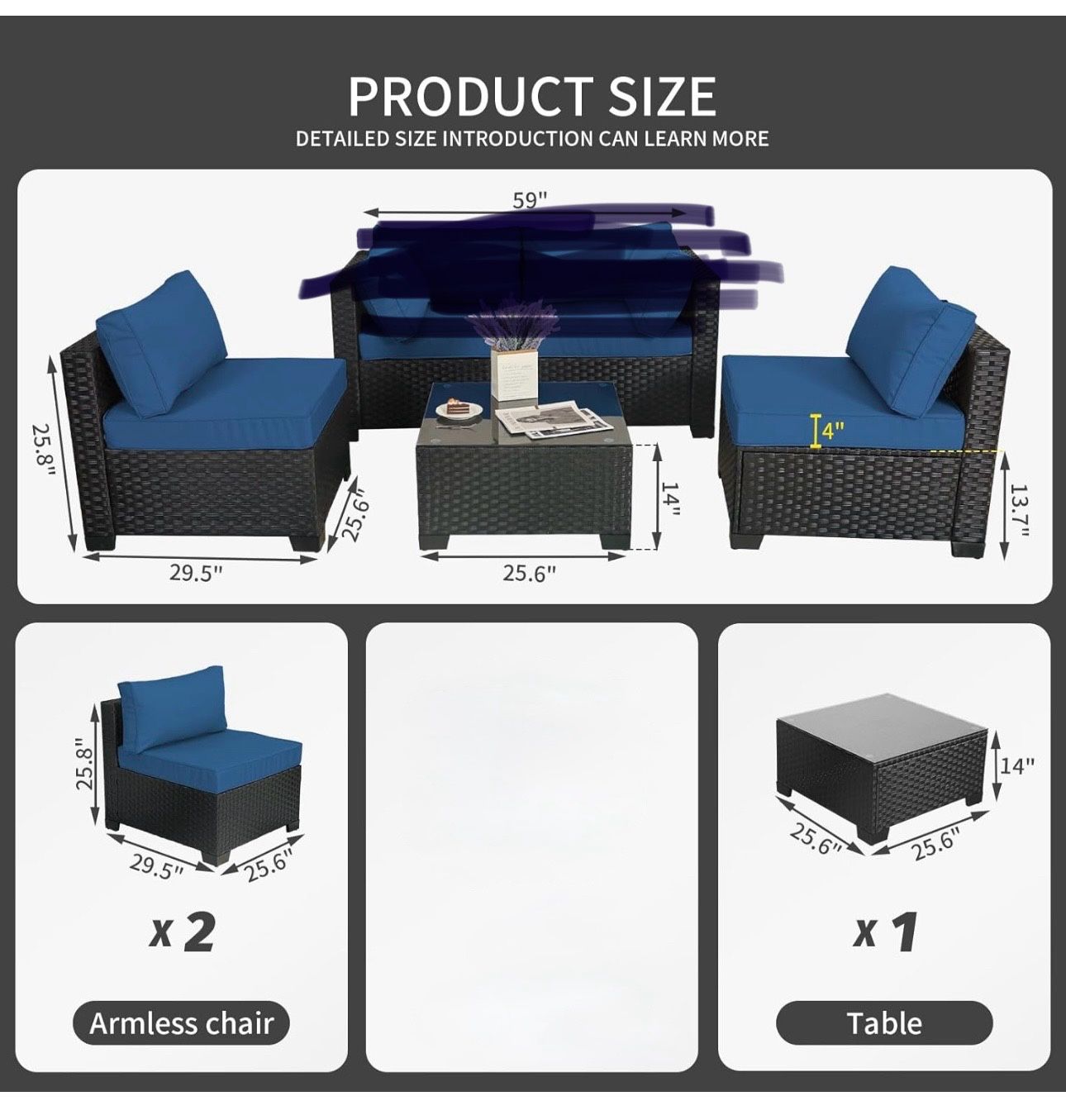 Outdoor Patio PE Wicker 5 Piece Furniture Set (2 armless sofas and coffee table)