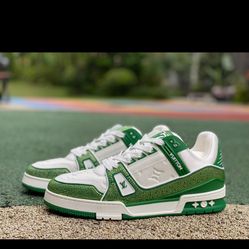 LV crystal white green pure original LOUIS VUITTON Trainer leather crystal low-top lace-up