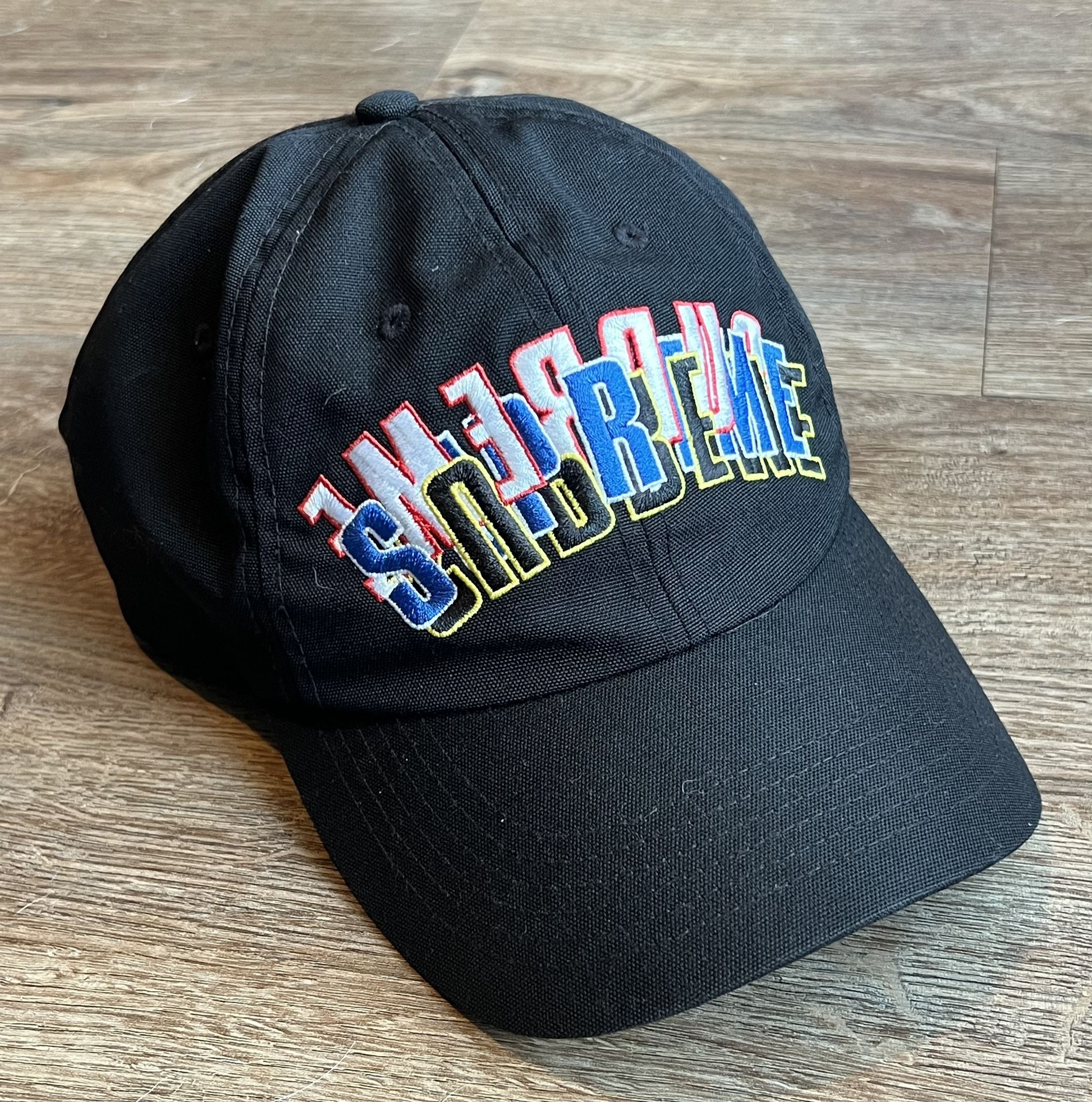 Supreme (parental advisory font multi color logo stack on black) Cordura Sport Cap