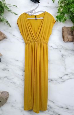 Espresso Mustard Yellow Maxi Dress XL - Faux Wrap V-Neck Elastic Waist Boho