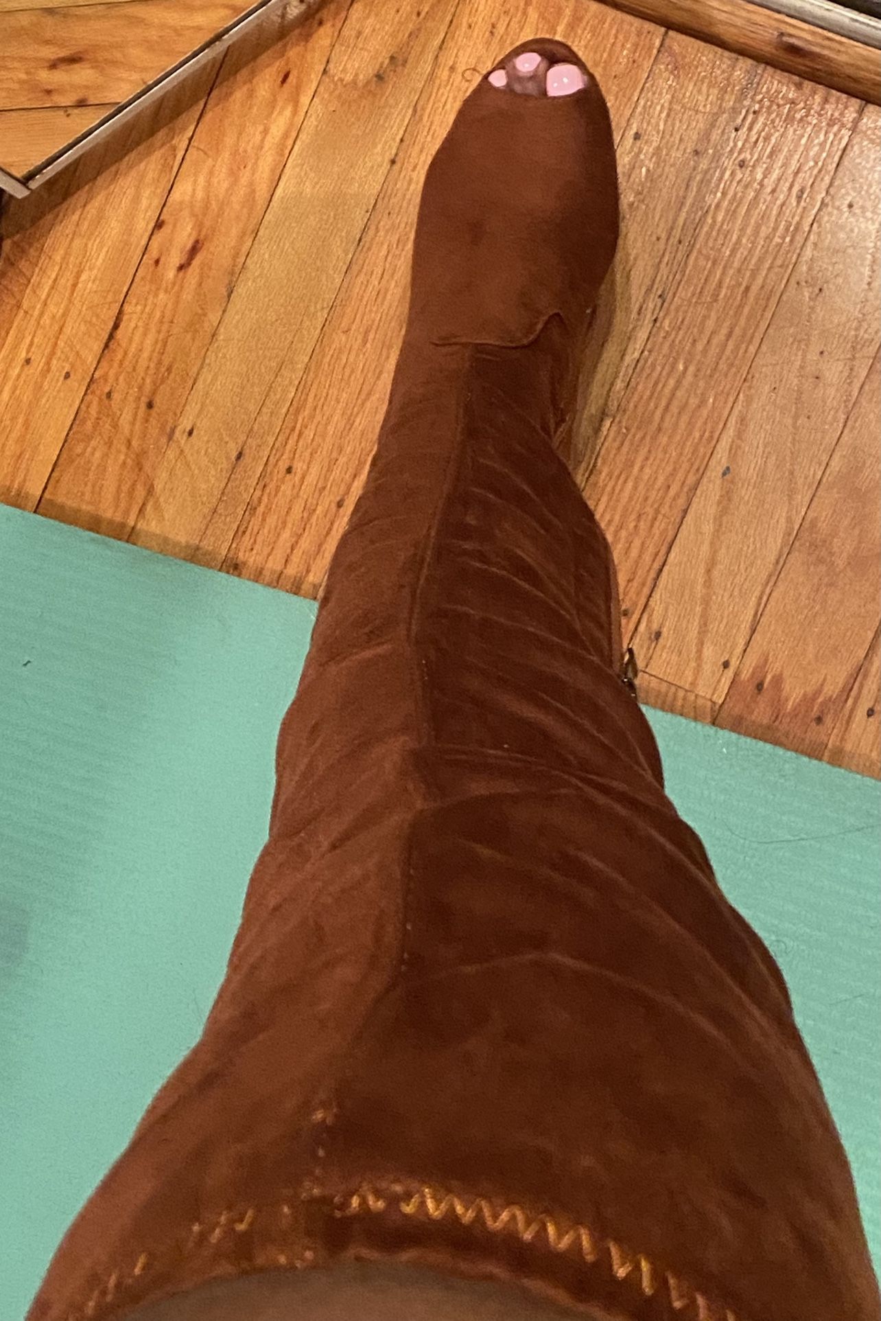 Thigh High Brush Swede Boots Peek A Boo Toe