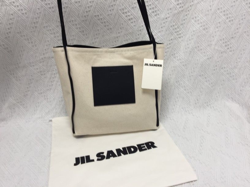 JIL SANDER Border medium canvas and leather tote bag