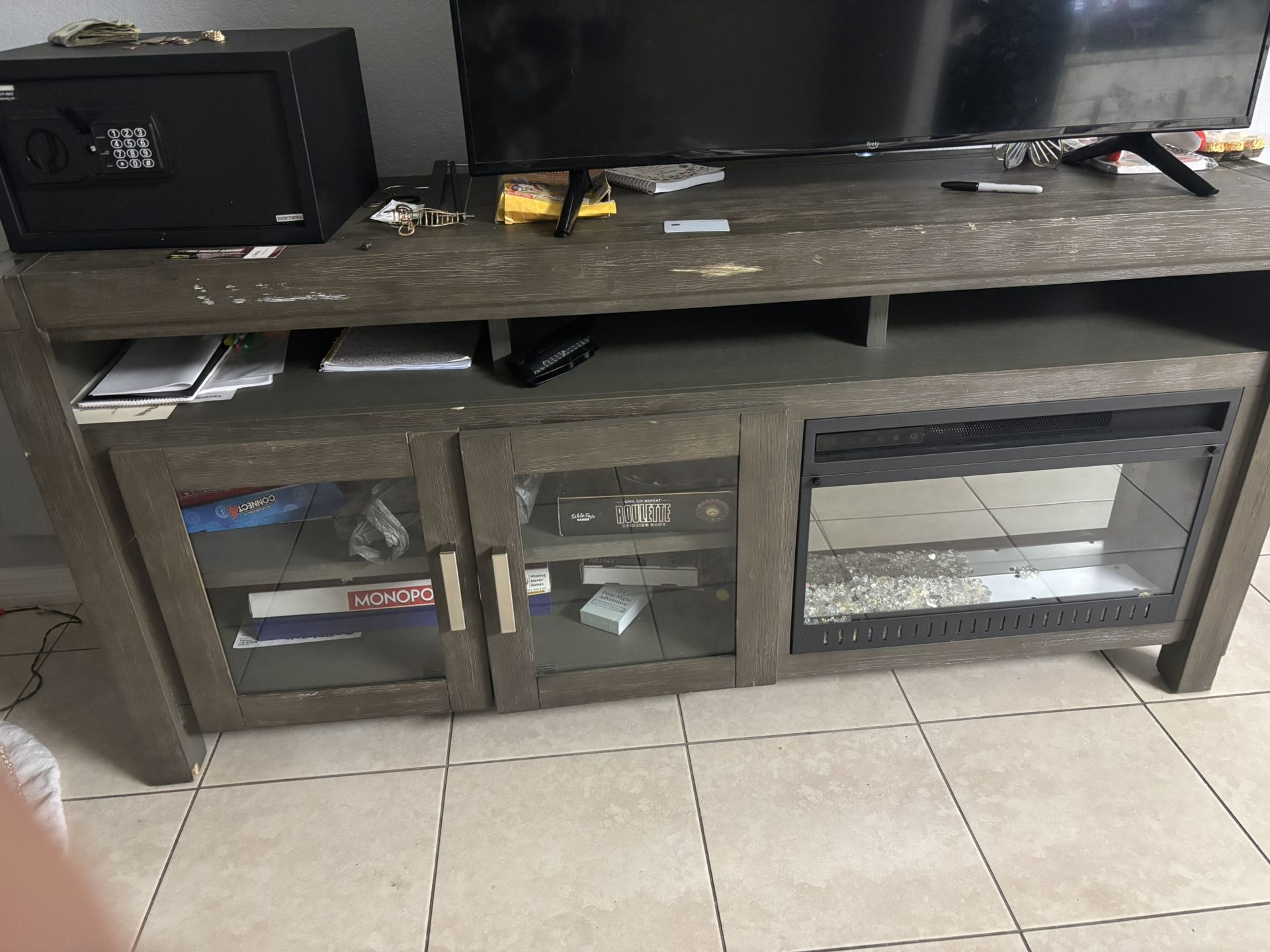 Entertainment Center, Grayish Wood With Led Fire Place And Heater