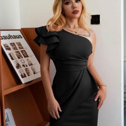 Large Black Women's Sexy One Shoulder Ruffle Ruched Wrap Bodycon Midi Party Dress