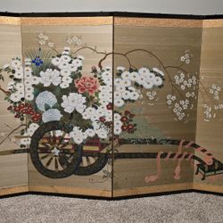 Japanese 4 Panel Byobu Flower Cart Hand Signed Painted Folding Silk Screen 71x37