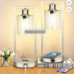 Set of 2 Dimmable Bedside Nightstand Lamps with USB Port, Brushed Nickle