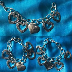 Heart Love Charm Bracelet Silver Crystals 6.5” length