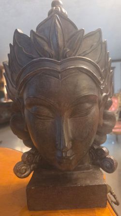 Vintage Balinese Hand-Carved Hardwood  Bust – 15" Striking Goddess Deity Sculpture