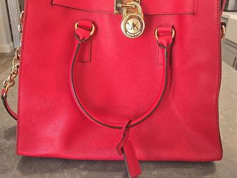 Michael Kors Hamilton Large Red Saffiano Leather Tote Bag Gold Lock Key Strap