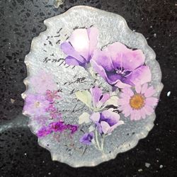 Coaster, purple and pink flowers w dried flowers