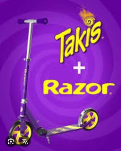 Razor x Takis Fuego Limited Edition A5 Lux Kick Scooter featuring a signature purple body with yellow wheels and Takis branding.
