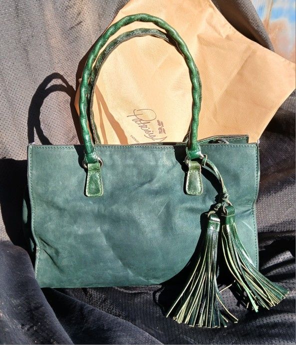 Patricia Nash Swade Leather Primrose Satchel Handbag Dark Green Nubuck. With DUSTBAG