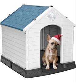 Plastic Dog House - Waterproof Dog Kennel with Air Vents and Elevated Floor All Weather Indoor Outdoor Insulated Doghouse Puppy Shelter, Easy to Assem