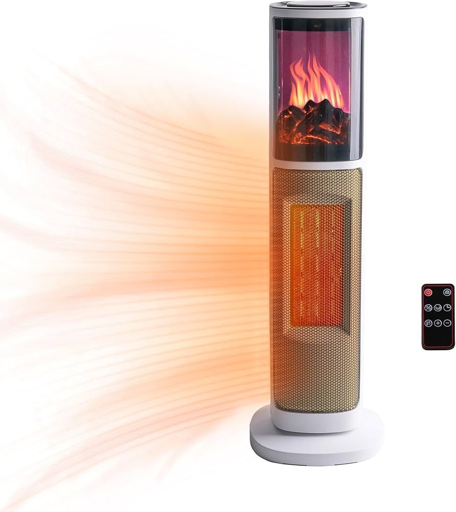 Space Heaters for Indoor Use, 25 inch, 3D Flame, 8H timer, 75 Degree Oscillation, Remote Control, Adjustable Thermostat, Portable Room Heater, Bedroom