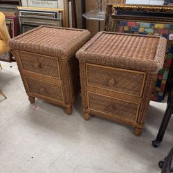 Pair Of Nassau Wicker 2 Drawer Nightstands in Antique Honey Finish