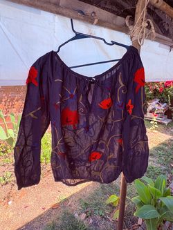 Black Floral Embroidered Peasant Blouse