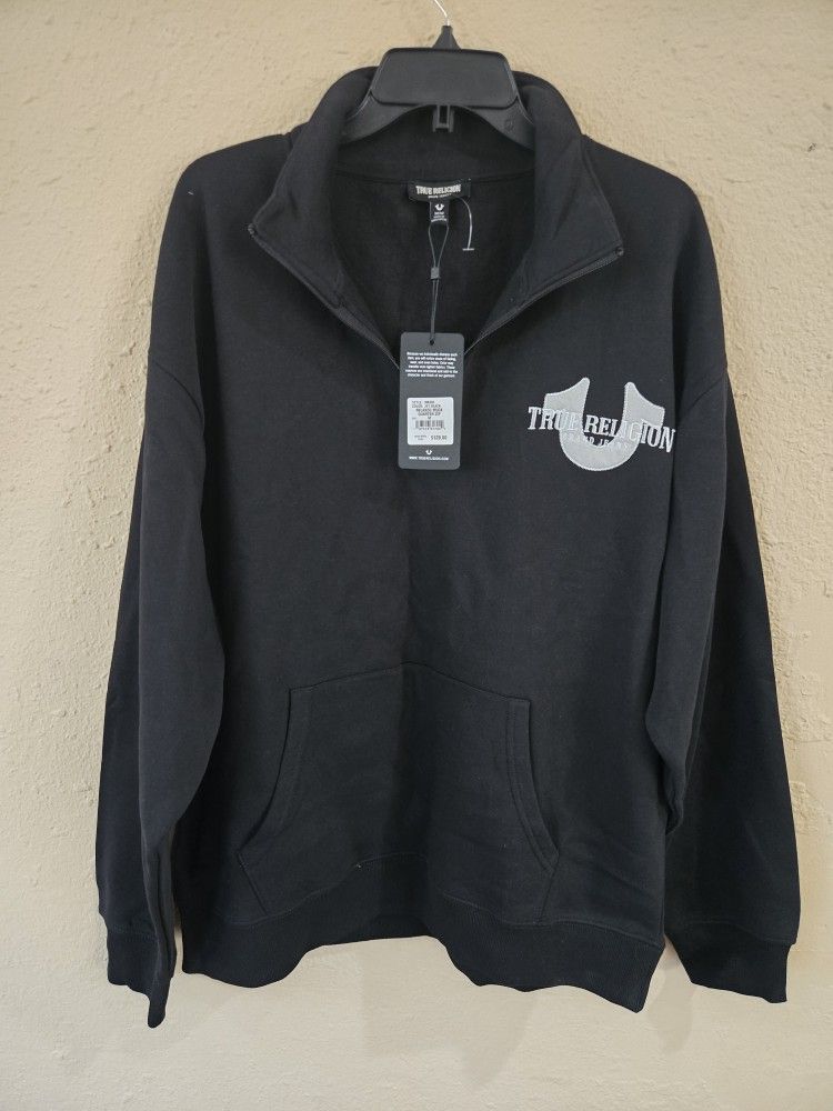 True Religion Sweater Mens Black Relaxed Mock 1/4 Zip Sweatshirt, Medium $129