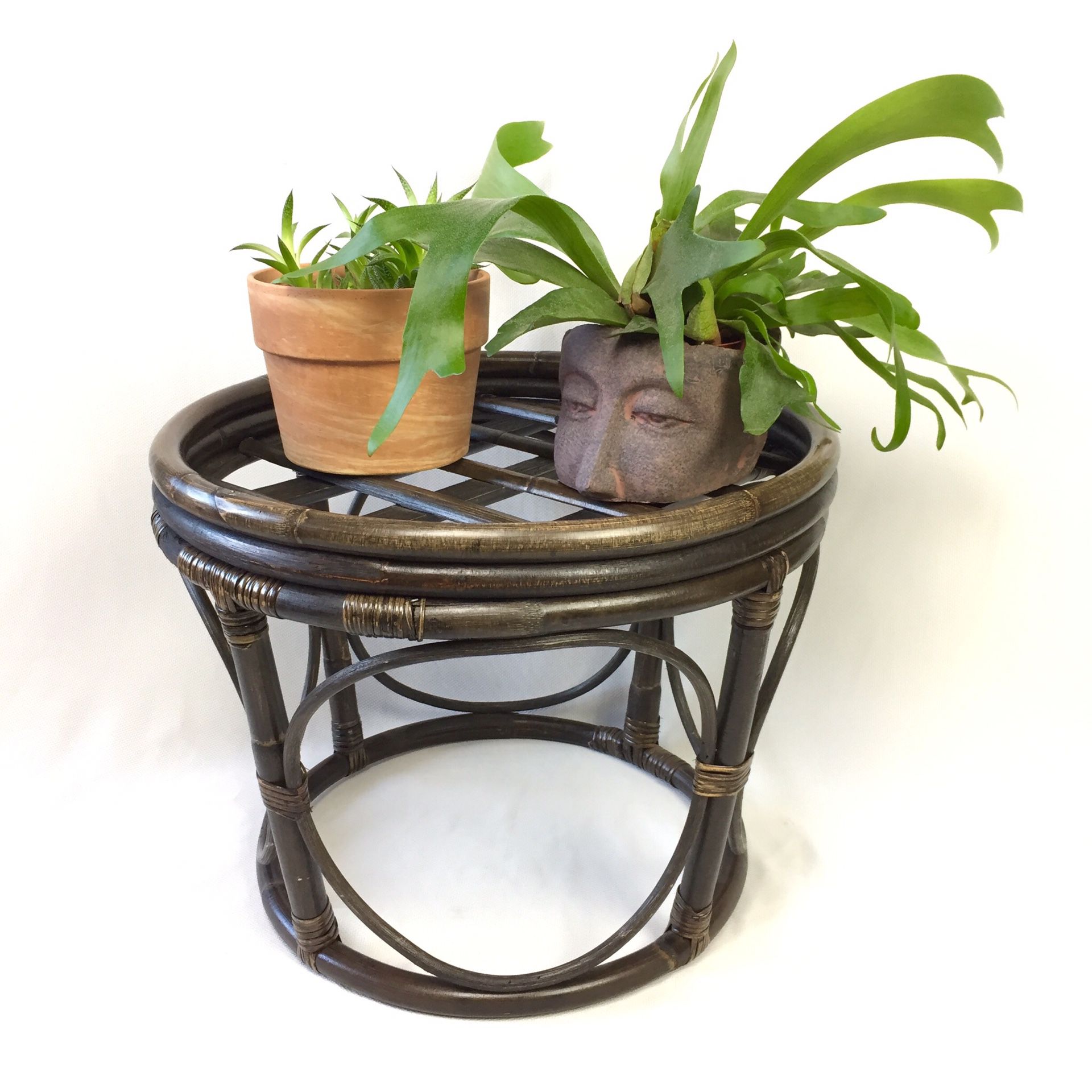 Rattan Bohemian Dark Wood Stool / Side Table / Plant Stand Decor