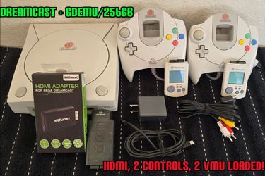 Sega Dreamcast, GDemu/256GB loaded, 2 controls/2 VMU, HDMI adapter, DreamPSU