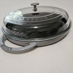 Staub Grill Pan 12" Gray Cast Iron Enamel W Domed Lid