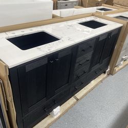 Bathroom vanity cabinet 72” solid mango Quartz top with sinks and backsplash