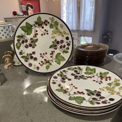 Set Of Four Large Crate And Barrel Plates Mono Bangladesh Flowers Berries Onions