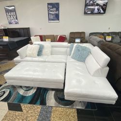 White Leather Sectional With Ottoman ** In Stock ** Easy Financing