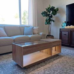 Coffee Table with LED Light and Power Outlet, Modern Glass Table Top with Storage Shelf, Center Table for Living Room with Drawer.