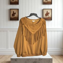 Kori America Rust Camel Brown Long-Sleeved Sweatshirt w Fringe Women Medium