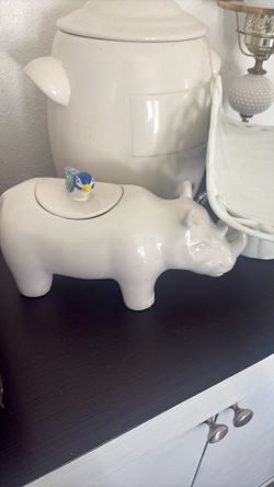 Opalhouse Stoneware White Rhino And Blue Bird Cookie Dish Jar