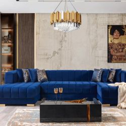 Blue Velvet Double Chase Sectional 