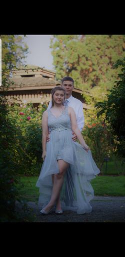 Gray lace and tulle high low homecoming/ prom dress