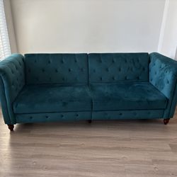 Teal Velvet Chesterfield Sleeper Sofa – Excellent Condition
