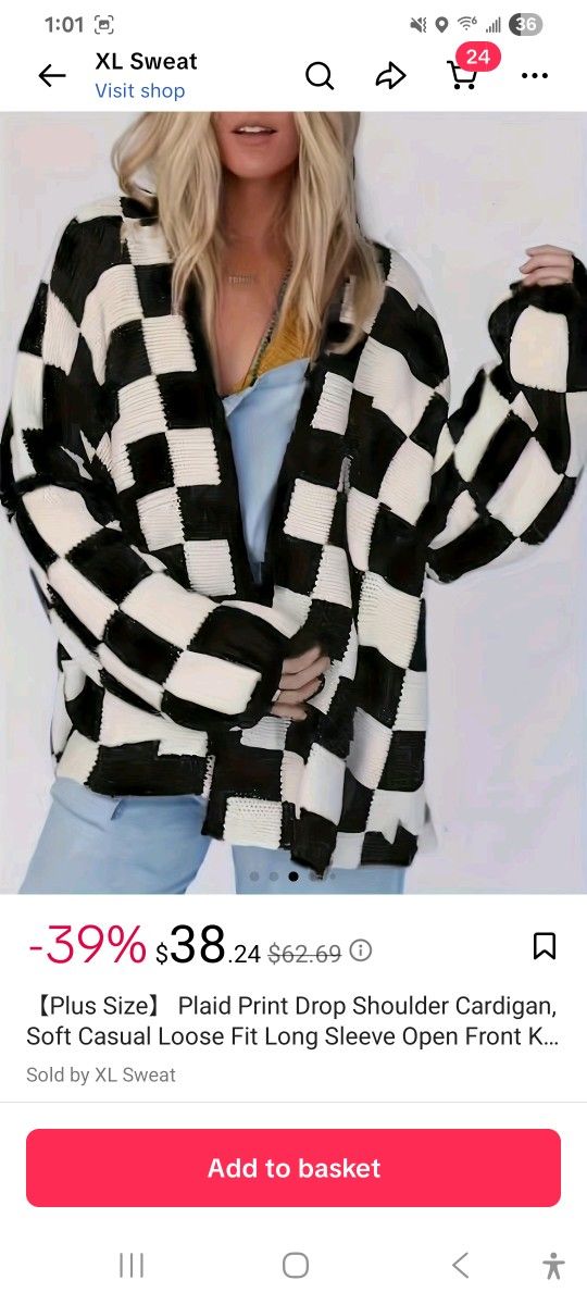 Plaid Print Cardigan Drop Shoulder 4xl. Soft, Loose Fit