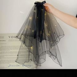 Halloween Ghost Bride Witches Black Veil With Warm Light Porps Party Woman Veil With Hair Clips