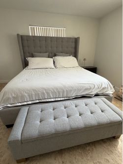 Modern King Size Bed Frame with Wingback Headboard & Storage Bench