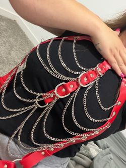 Red Leather Body Harness with Silver Chains