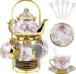 20 Pcs Porcelain Tea Set with Metal Holder European Flower Tea Sets for Adults, Ceramic Tea Party Set European Flower Painting Teapot Cup Saucer Spoon
