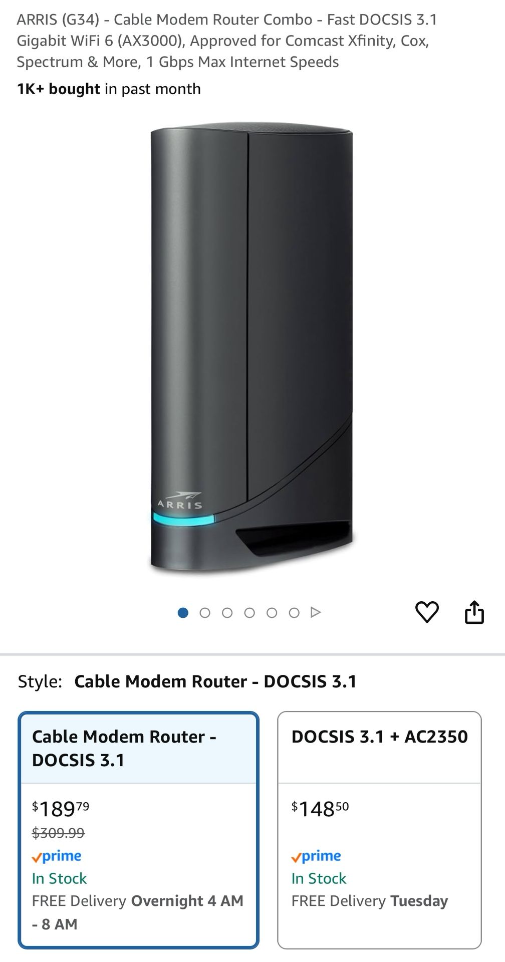 WIFI 6 /DOCSIS 3.1 router /modem - Arris G34