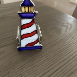Nautical Stained Glass Lighthouse Tea Light Holder – Red, White & Blue Decor