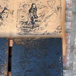 Antique Spooky Halloween Wood Block & Print 