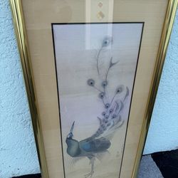 Asian Silk Peacock Wall Art Framed Gold Frame Large Decor
