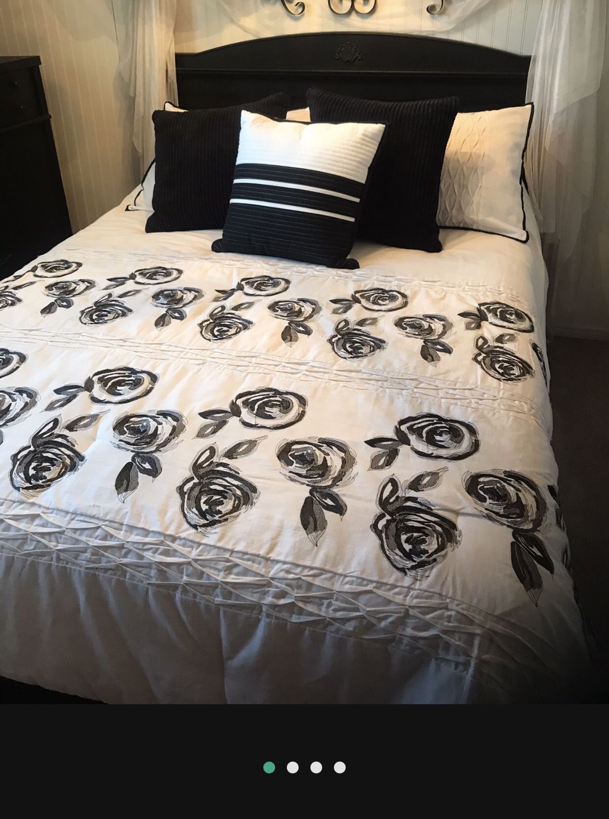 Steve Madden Black And White Rose Bed Spread Skirt And Throw Pillows And full Size Headboard.