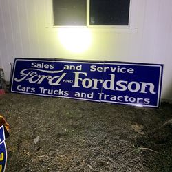 FORD AND FORDSON SALES AND SERVICE  CARS TRUCKS AND TRACTORS PORCELAIN SIGN VERY LARGE 30 x 120 INCHES 
