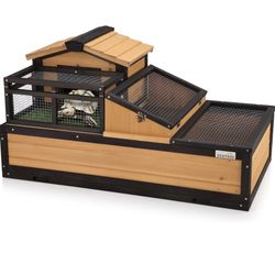 3-Room Large Tortoise Habitat with Pull-Out Tray, Wooden Tortoise Enclosure Indoor & Outdoor with Ramp, Grass Mat, Openabl