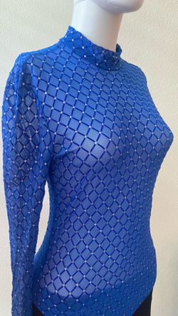 S/M Blue Rhinestone Mesh Bodysuit ✨ Y2K Party Top | Festival Style